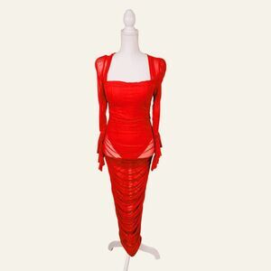 Fashion Nova Mesh With His Head Ruched Dress – Red Lrg